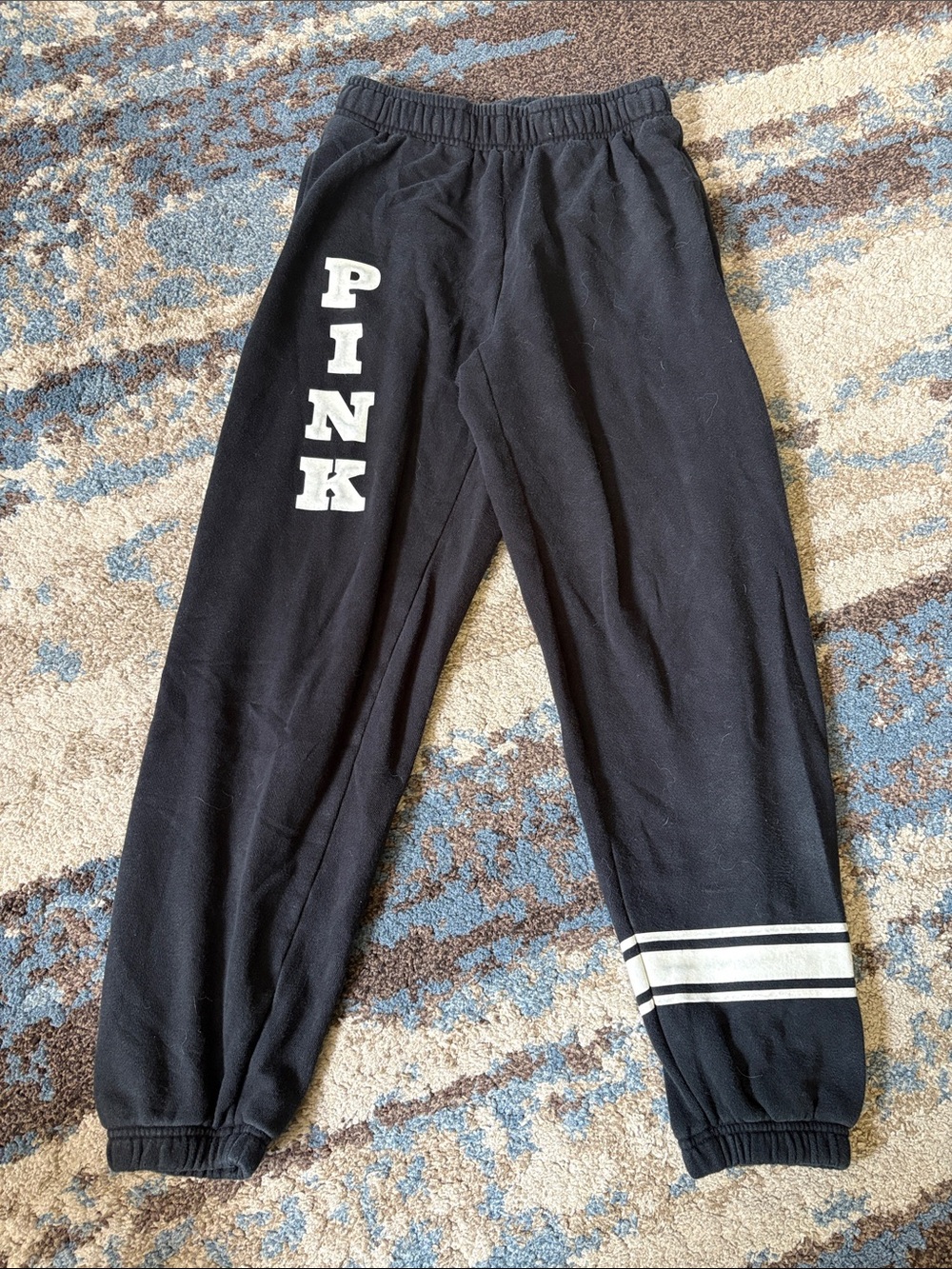 PINK Victoria's Secret Black Sweatpants with White Logo and Stripes